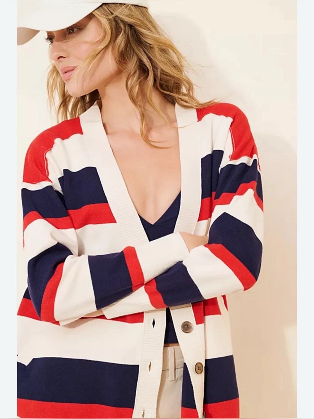 Free People League of Her Own Cardigan in the Americana Combo colorway